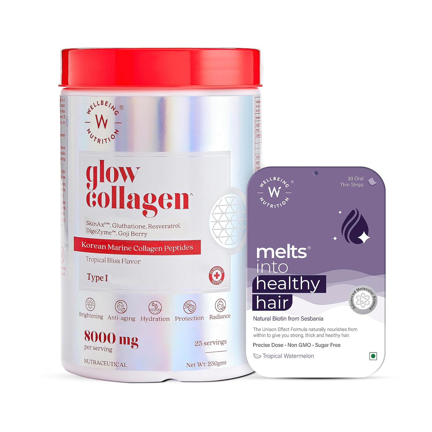 Buy Wellbeing Marine Glow Collagen with Melts Healthy Hair (200 gms Collagen + 30 Oral Strips) Online Buy Wellbeing Marine Glow Collagen with Melts Healthy Hair (200 gms Collagen + 30 Oral Strips) Online