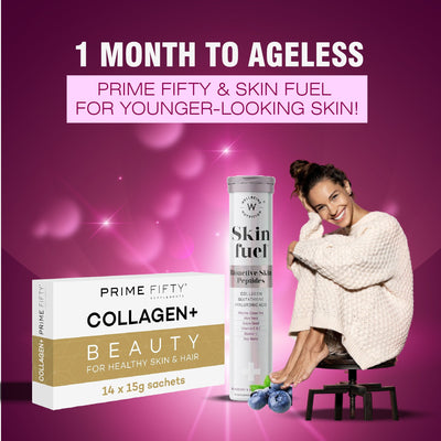 Prime Fifty Collagen+ (14 Sachets, 1 Month Supply) + Wellbeing Nutrition Skin Fuel with Glutathione & Collagen Effervescent Tablets