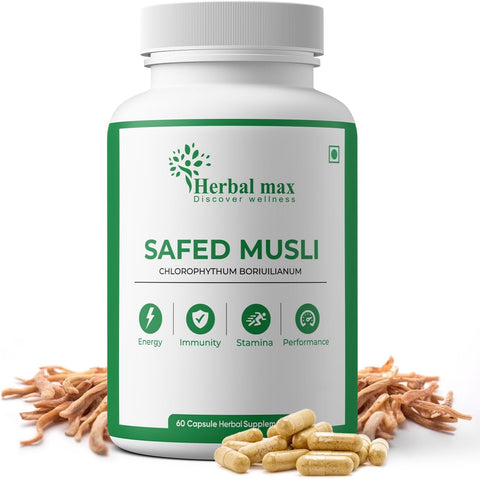 Herbal max Safed Musli (Chlorophytum Boriuilianum) Helps to Provide Energy | Stamina & Strengthen | Boots Immunity - 800 mg, 60 Capsules