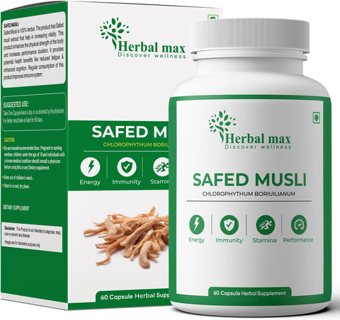 Herbal max Safed Musli (Chlorophytum Boriuilianum) Helps to Provide Energy | Stamina & Strengthen | Boots Immunity - 800 mg, 60 Capsules
