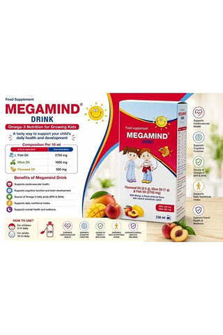 Megamind Drink Fish Oil 2.75 g, Olive Oil 1 g and Flaxseed Oil Mango and Peach Flavor 230 ml Syrup