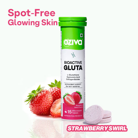 Oziva Bioactive Glutathione Tablets For Radiant Skin - 15 Effervescent Tablets | L-Glutathione, Lycopene, Vitamin C For Skin Glow & Anti-Pigmentation | Strawberry Swirl