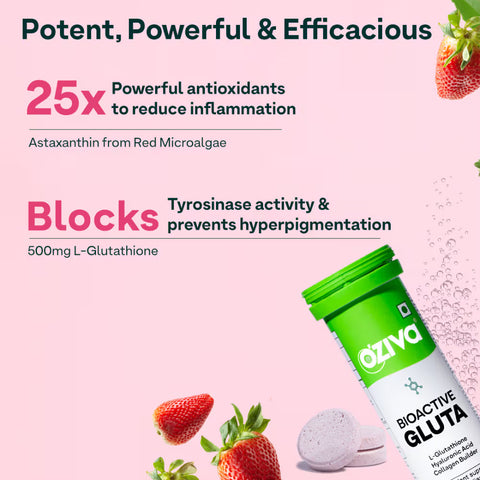 Oziva Bioactive Glutathione Tablets For Radiant Skin - 15 Effervescent Tablets | L-Glutathione, Lycopene, Vitamin C For Skin Glow & Anti-Pigmentation | Strawberry Swirl