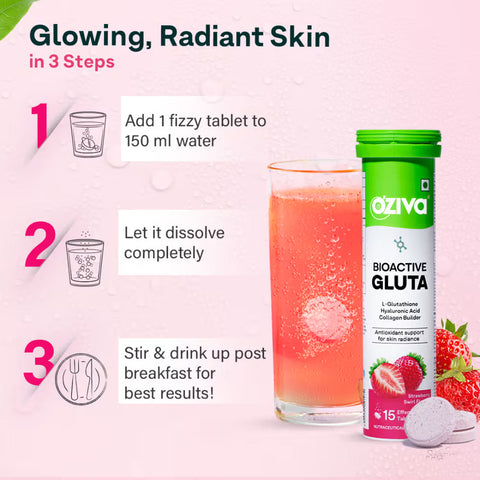 Oziva Bioactive Glutathione Tablets For Radiant Skin - 15 Effervescent Tablets | L-Glutathione, Lycopene, Vitamin C For Skin Glow & Anti-Pigmentation | Strawberry Swirl