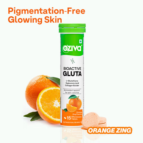 Oziva Bioactive Glutathione Tablets For Radiant Skin - 15 Effervescent Tablets | L-Glutathione, Lycopene, Vitamin C For Skin Glow & Anti-Pigmentation|Orange