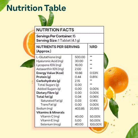 Oziva Bioactive Glutathione Tablets For Radiant Skin - 15 Effervescent Tablets | L-Glutathione, Lycopene, Vitamin C For Skin Glow & Anti-Pigmentation|Orange