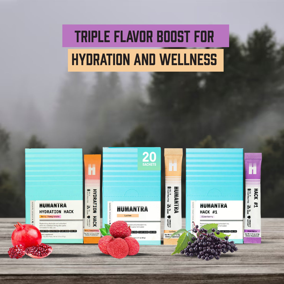 Humantra Electrolyte Berry Pomegranate 70g + Humantra Electrolyte Elderberry 90g + Humantra Electrolyte Lychee flavour 80g