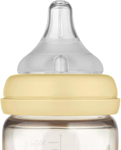 Moyuum PPSU All-in-One Feeding Baby Bottle with Nipple 170ml (0-3 months) - Anti Colic, BPA Free & Easy Clean Wide-Neck Non-Tip Stable Base - Real Fit Nipple - Beige