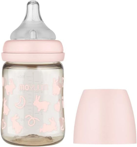 Moyuum PPSU All-in-One Feeding Baby Bottle with Nipple 170ml (0-3 months) - Anti Colic, BPA Free & Easy Clean Wide-Neck Non-Tip Stable Base - Rabbit Edition - Pink