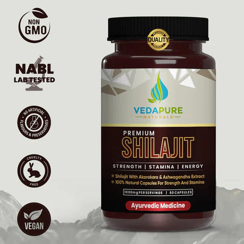 Vedapure Natural Shilajit/Shilajeet with Safed Musli & Ashwagandha Extracts - 1000mg 60 Capsules