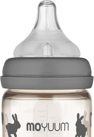 Moyuum PPSU All-in-One Feeding Baby Bottle with Nipple 170ml (0-3 months) - Anti Colic, BPA Free & Easy Clean Wide-Neck Non-Tip Stable Base - Rabbit Edition - Grey