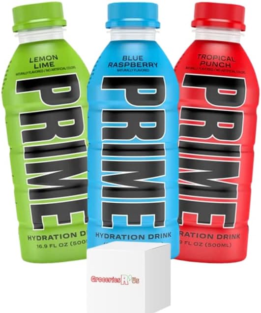 GroceriesRus Prime Hydration Drink Variety Pack - Tropical Punch, Lemon Lime & Blue Raspberry - 500ml (1 Of Each Flavour), Pack Of 3