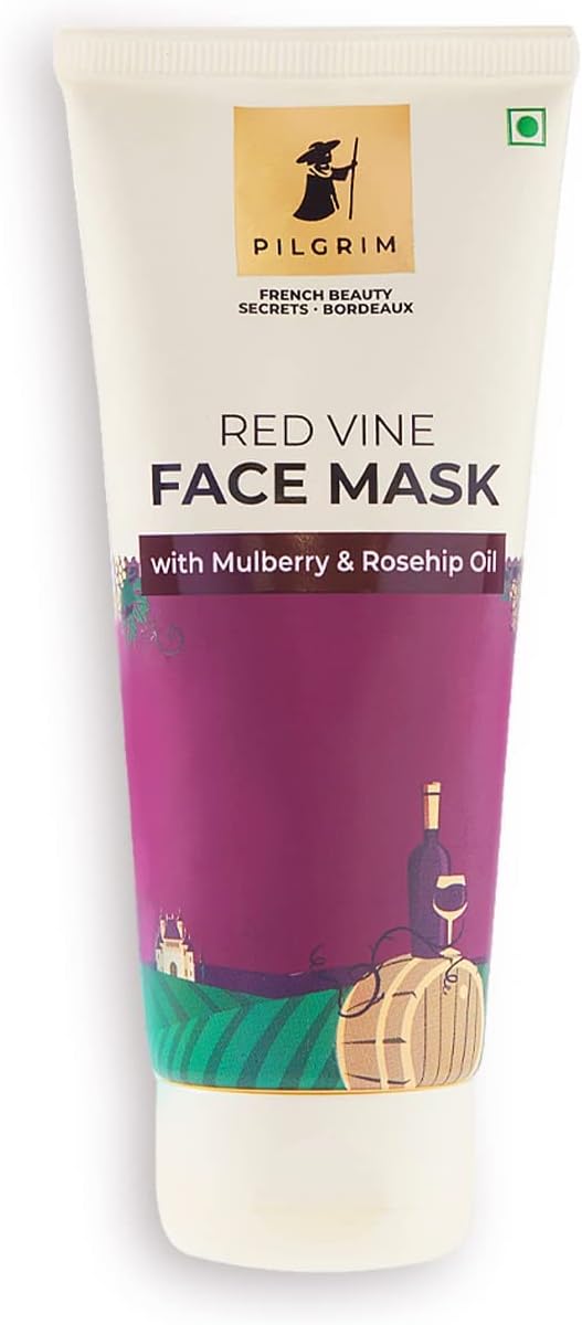 Pilgrim Anti Ageing Red Vine Face Pack & Mask Paste with Mulberry Extracts & Rosehip Oil for Glowing Skin, De-Tan, Dark Spots, Blackheads Removal, 100g