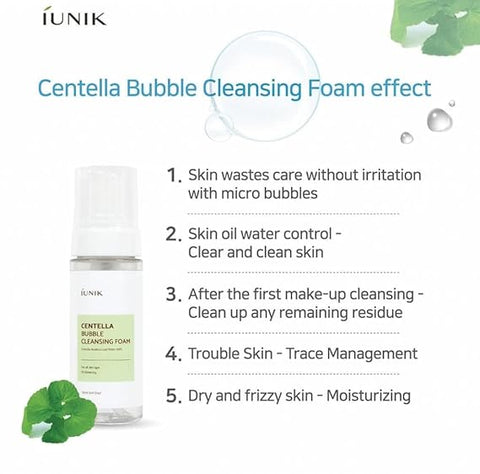 IUNIK Centella Bubble Foaming Vegan Facial Cleanser - 69% Centella Asiatica Extract, Soothing, Moisturizing, Exfoliating, Removes Pore Blackheads, Whiteheads, 5.07 Fl Oz