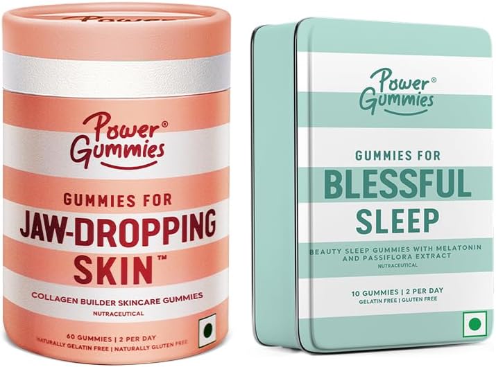 Power Gummies Jaw Dropping Skin 60 Gummies + Blessful 10 Gummies Deep Sleep & Non Habbit Forming Lemon Twist & Fruit Flavour