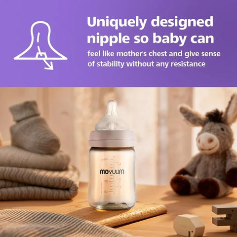 Moyuum PPSU All-in-One Feeding Baby Bottle with Nipple 270ml (+3 months) - Anti Colic, BPA Free & Easy Clean Wide-Neck Non-Tip Stable Base - Rabbit Edition - Pink