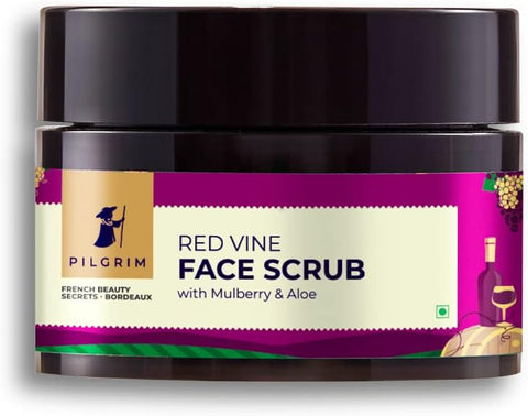 PILGRIM French Red Vine Face Scrub with Mulberry Extract & Aloe for Glowing Skin, Tan Removal, De-Pigmentation, Dry, Oily, Combination Skin, Men & Women, 50gm