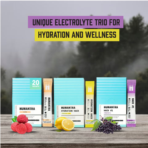 Humantra Electrolyte Elderberry 90g + Humantra Electrolyte Himalayan Lime 72g + Humantra Electrolyte Lychee flavour 80g