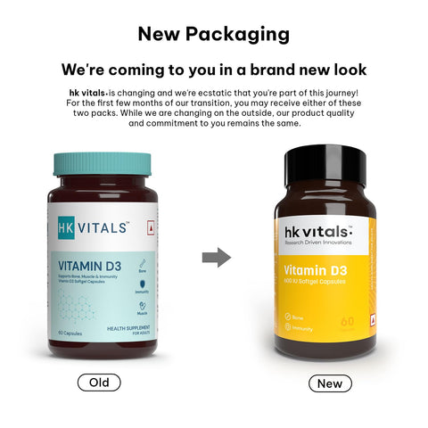 HK Vitals Vitamin D3 (600 Iu) (60 Capsules) | With Sunflower Oil, Promotes Calcium Absorption | Bone Health, Muscle Strength & Immunity