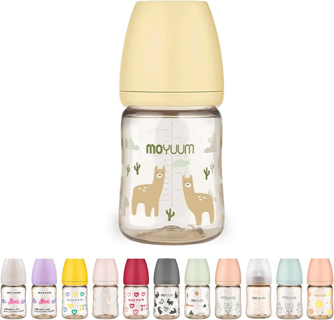 Moyuum PPSU All-in-One Feeding Baby Bottle with Nipple 170ml (0-3 months) - Anti Colic, BPA Free & Easy Clean Wide-Neck Non-Tip Stable Base - Liama Edition - Beige