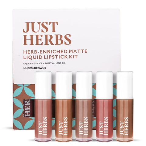Just Herbs Ayurvedic Liquid Lipstick Kit Set Of 5 Lip Colour, Nudes & Browns - Paraben & Silicon Free - 5 ml