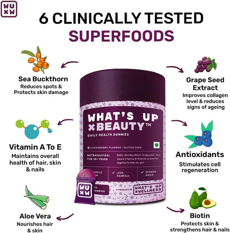 What's Up Wellness Beauty Gummies I Gummies for Strong Hair, Nails & Good Skin I Biotin, Vitamins A to E, Folic Acid. Zinc, Aloe Vera, Sea Buckhorn & Grapeseed I 1 Month Supply - 30 Gummies