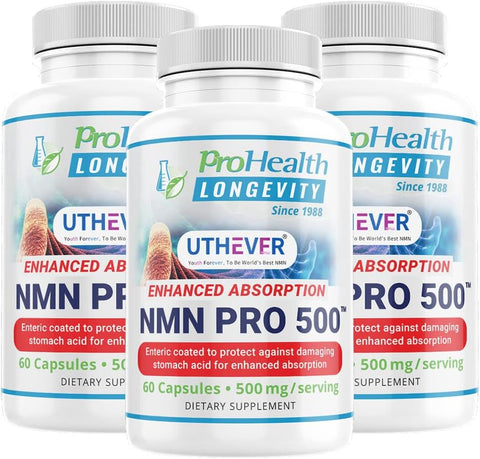 ProHealth Longevity NMN Pro 500 Enhanced Absorption - Uthever Brand - World’s Most Trusted Ultra-Pure, stabilized, Pharmaceutical Grade NMN to Boost NAD+ (60 Capsules, 500 mg per 2 Capsule Serving) Pack of 3