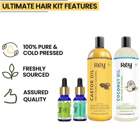 Rey Naturals hair oils combo/hair care kit (Castor oil + Coconut oil + Tea tree oil + Rosemary oil) controls hairfall