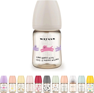 Moyuum PPSU All-in-One Feeding Baby Bottle with Nipple 170ml (0-3 months) - Anti Colic, BPA Free & Easy Clean Wide-Neck Non-Tip Stable Base - Cat Edition Grey
