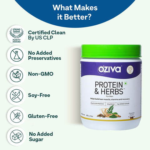 أوزيفا بروتين وأعشاب للرجال، بنكهة الشوكولاتة، 500 غرام من مسحوق البروتين الطبيعي للتحكم في الوزن، وتحسين عملية التمثيل الغذائي، وتوازن الهرمونات، 23 غرام من بروتين مصل اللبن، أعشاب أيورفيدية، معتمد كمنتج نظيف