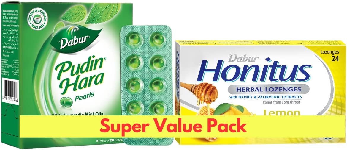 Dabur Pudin Hara Pearls (5 x 20) + Dabur Herbal Honitus Lozenges - Lemon - 24 pieces Combo Set