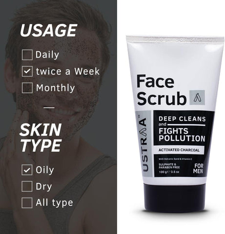 USTRAA Face Scrub Deep Cleans and Fights Pollution ACTIVATED CHARCOAL for Men 100g