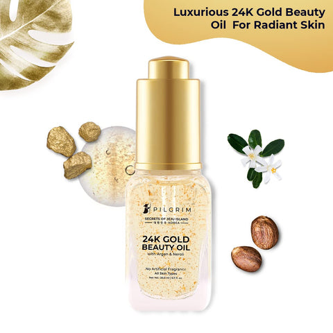 Pilgrim 24K Gold Beauty Oil for glowing skin, deep nourishing, anti aging, make up primer | 24K Gold Oil for smooth & dewy finish | Beauty Elixir | For All Skin Types | For Men & Women | 20 ml