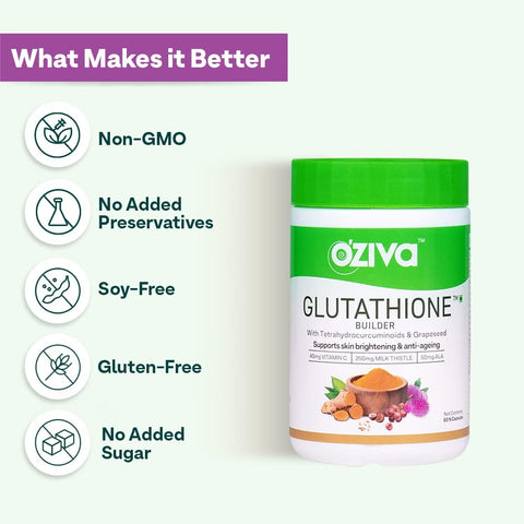 Oziva Plant Based Glutathione Builder | Glutathione Tablets For Skin Glow & Anti-Ageing | Sugar Free, Antioxidant Supplements With Grapeseed, Vitamins C & E, Selenium, 60 Veg Capsules