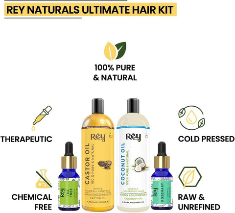 Rey Naturals hair oils combo/hair care kit (Castor oil + Coconut oil + Tea tree oil + Rosemary oil) controls hairfall