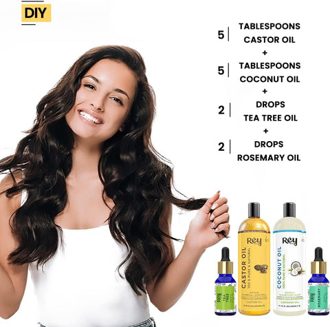 Rey Naturals hair oils combo/hair care kit (Castor oil + Coconut oil + Tea tree oil + Rosemary oil) controls hairfall