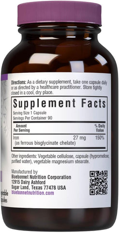 Bluebonnet Nutrition Extra Strength Chelated Iron, 27Mg, 90 Veggie Caps