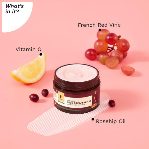 PILGRIM French Red Vine Face Cream with SPF 30 Sunscreen, Rosehip Oil & Vit C For Anti Ageing, Sun Protection PA+++, Daily Use, Dry, Oily, Combination Skin, Men & Women, 50g