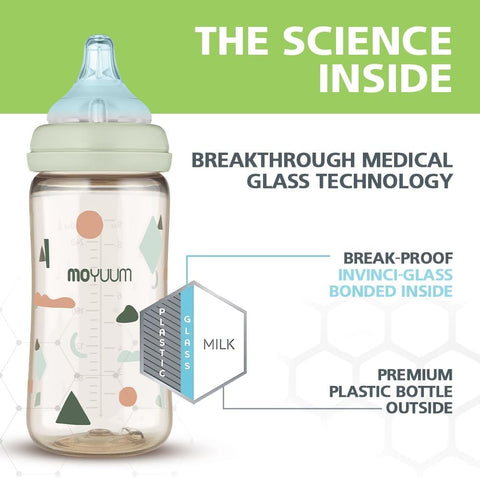 Moyuum PPSU All-in-One Feeding Baby Bottle with Nipple 170ml (0-3 months) - Anti Colic, BPA Free & Easy Clean Wide-Neck Non-Tip Stable Base - Dear Dear Edition - Mint