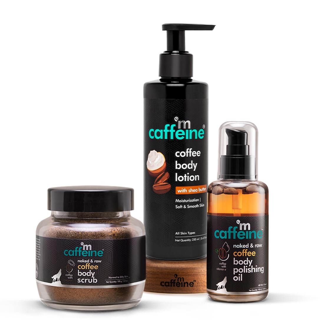 mCaffeine Coffee Body Toning & Polishing Kit | Nourishing Tan Removal Moisturization | Body Oil Body Scrub Body Lotion | Paraben & Mineral Oil Free