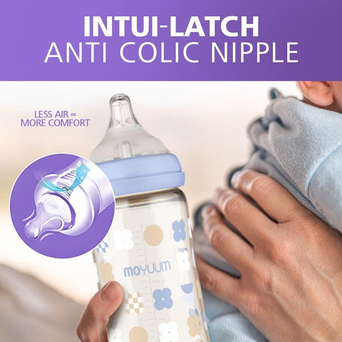 Moyuum PPSU All-in-One Feeding Baby Bottle with Nipple 170ml (0-3 months) - Anti Colic, BPA Free & Easy Clean Wide-Neck Non-Tip Stable Base - Dear Dear Edition - Mint