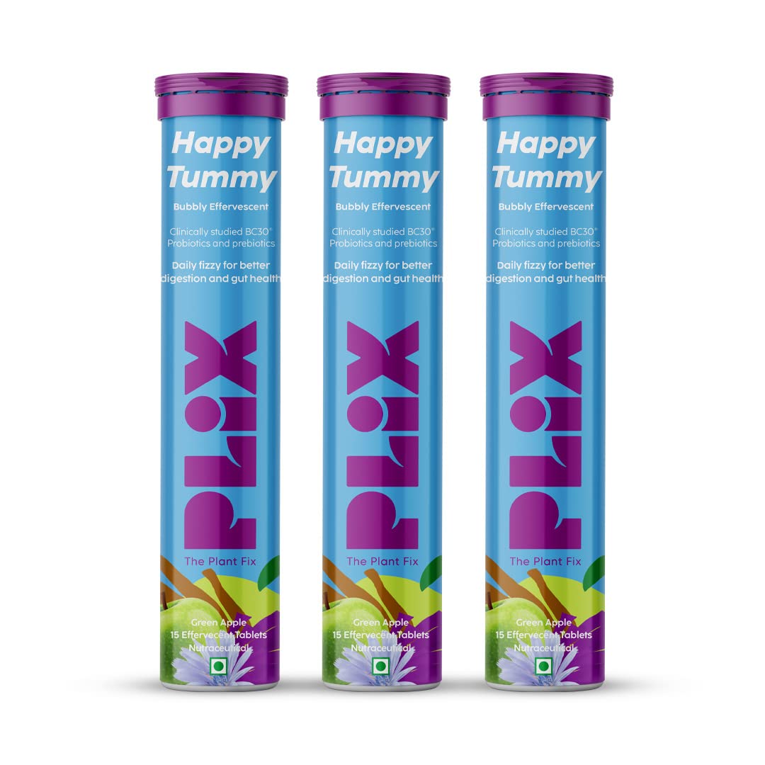 Plix - The Plant Fix Happy Tummy Pre+probiotic 15 Effervescent Tablets For Good Gut, Digestion Pack Of 3 (Green Apple)