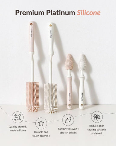 Moyuum Silicone Bottle Cleaning Brush Set Spong Bottle & Nipple Brus with 360° Rotating Handle – Soft, Scratch-Free Bristles for Baby Bottles, Nipples & Glasses, Quick-Drying and Durable (Beige)