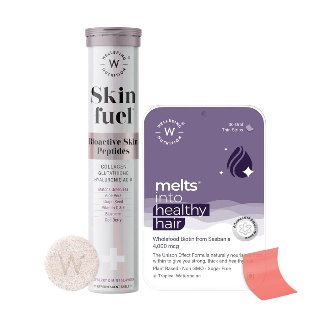 Wellbeing Nutrition Skin & Hair Beauty Pack | Collagen, L-Glutathione, Hyaluronic Acid Plant Based Biotin Fo-ti Extract (15 Effervescent Tabs + 30 Oral Thin Strips)