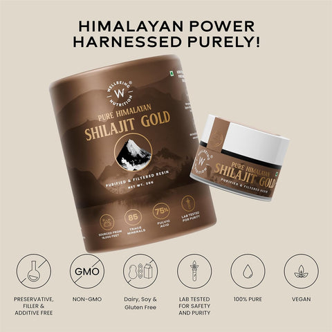 Wellbeing Nutrition Pure Himalayan Shilajit Gold Resin with Ashwagandha, Safed Museli, and Swarna Bhasma (24K Gold Leaf)