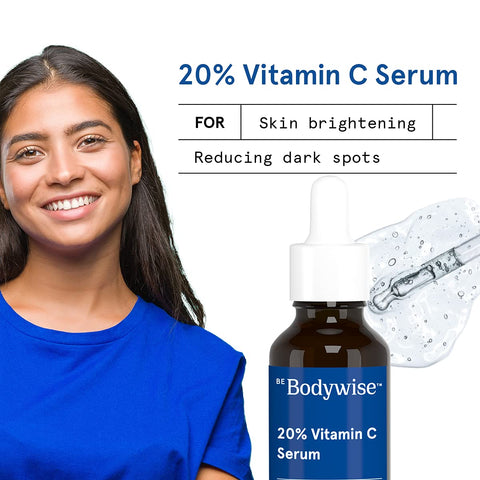 Be Bodywise 20% Vitamin C Serum for Bright & Glowing Skin | Stable & Effective Skin Rejuvenation Serum with Pure Ethyl Ascorbic Acid & Witch Hazel | 20 ml