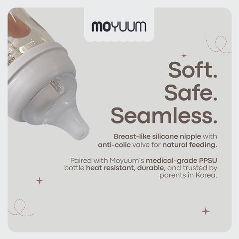 Moyuum PPSU Glass Feeding Baby Bottle with Nipple 150ml (0-3 months) - Anti Colic, BPA Free & Easy Clean Wide-Neck Non-Tip Stable Base - Natural Plain Edition