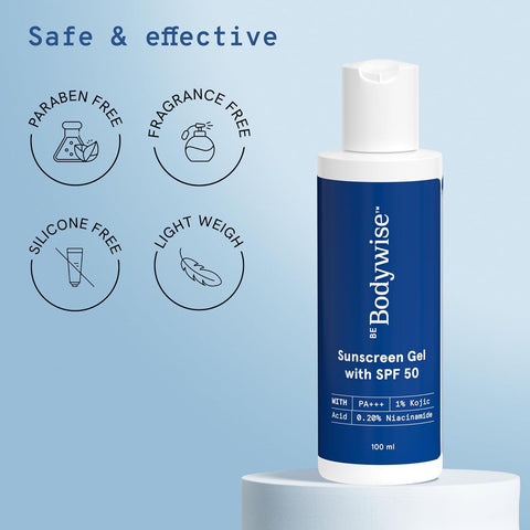 Be Bodywise SPF 50 PA+++ Sunscreen Ultra Light Gel 100ml | Broad Spectrum Protection | For Face & Body | 1% Kojic Acid & 0.2% Niacinamide | Prevents Tan, Hydrates Skin, Non-Greasy