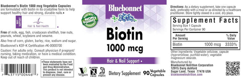 Bluebonnet Biotin 1000 mcg Hair & Nail Support Dietary Supplement 90 Capsules