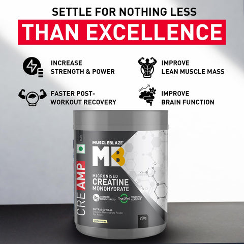كرياتين أحادي الهيدرات من MuscleBlaze (بدون نكهة، 0.55 رطل / 250 جم) 50 حصة